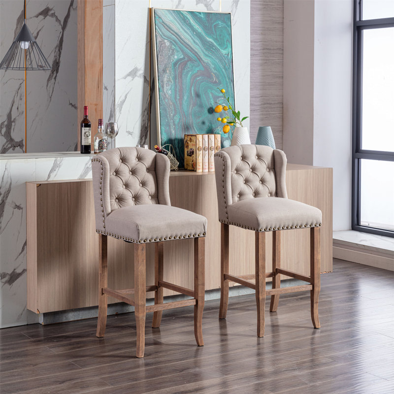 Rosalind Wheeler 2 Pieces Counter Height Bar Chairs Set Tufted Upholstered Bar Stools with Wing Back Nailhead Trim Wayfair
